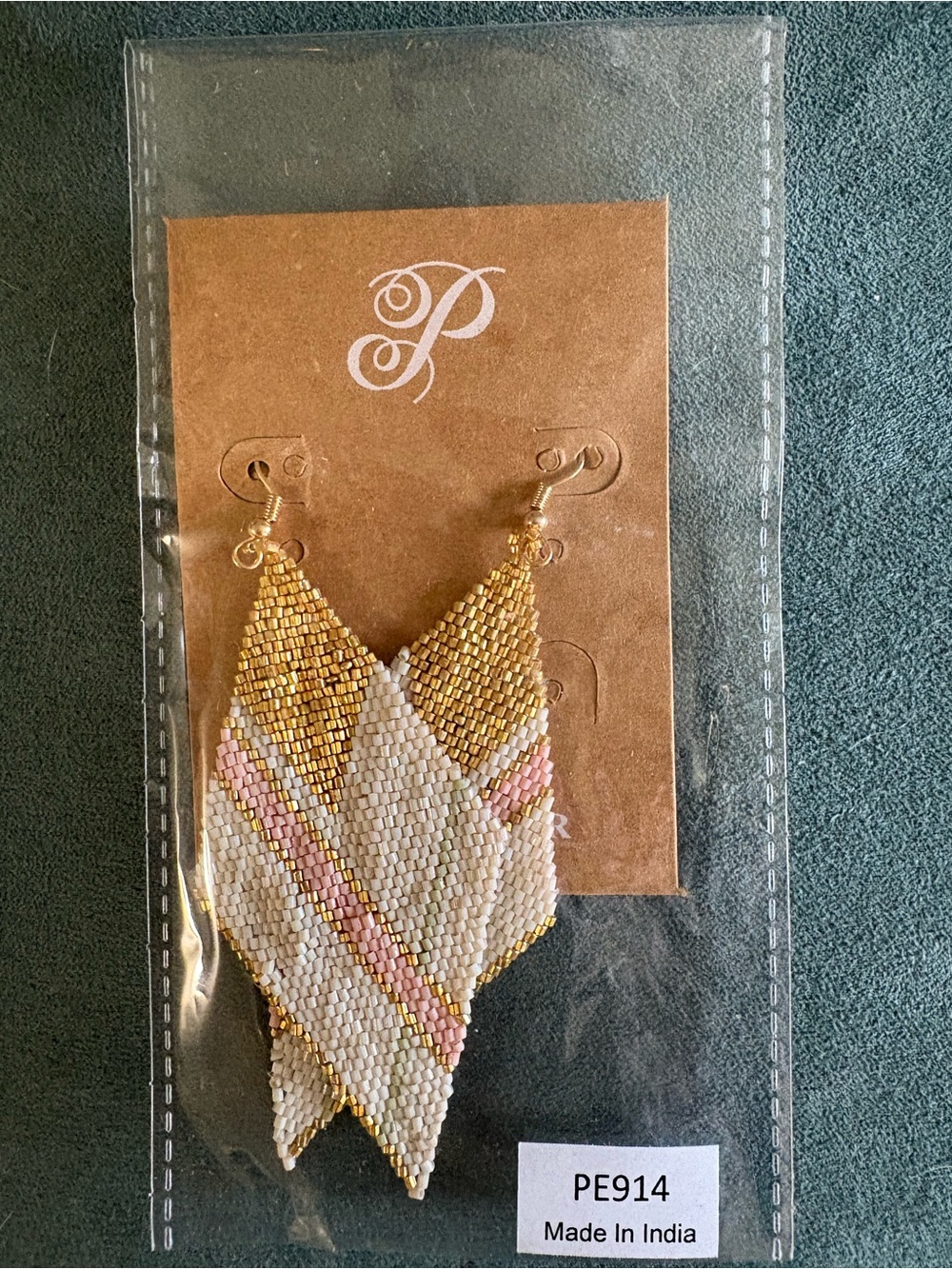 Plunder Gold, White & Pink Beaded Teardrop Earrings